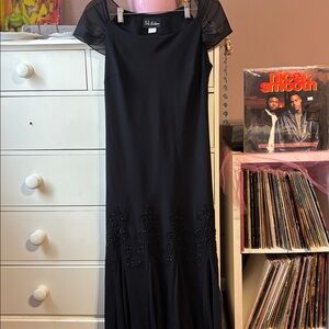 Vintage Y2K Black Midi Dress Beaded Betsey Johnson LBD 16 Cocktail Party Formal
